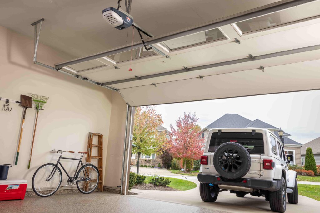 home with jeep leaving garage